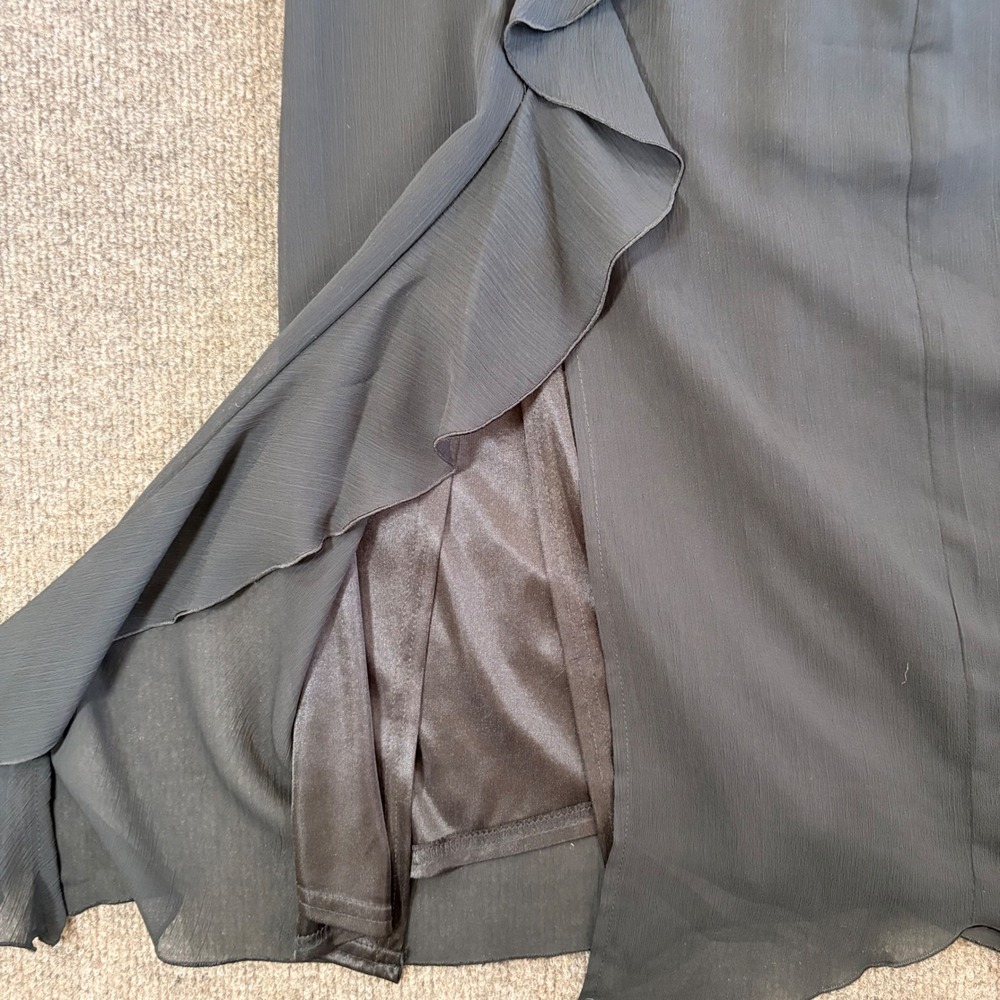 Black Ruffle Front Maxi Skirt Asymmetrical Handkerchief Hem Sheer Overlay Sz 14 - Picture 6 of 10
